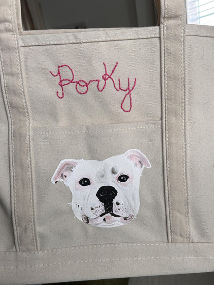 Hand-Painted Custom Pet Portrait Canvas Tote Bag | Personalized Dog Art | Custom Pet Memorial | Embroidered Boat Tote