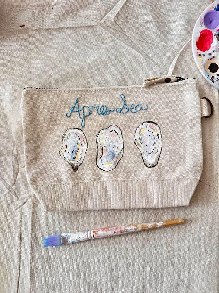 Hand-Painted Apres Sea Oyster Canvas Embroidered Tote Bag Pouch