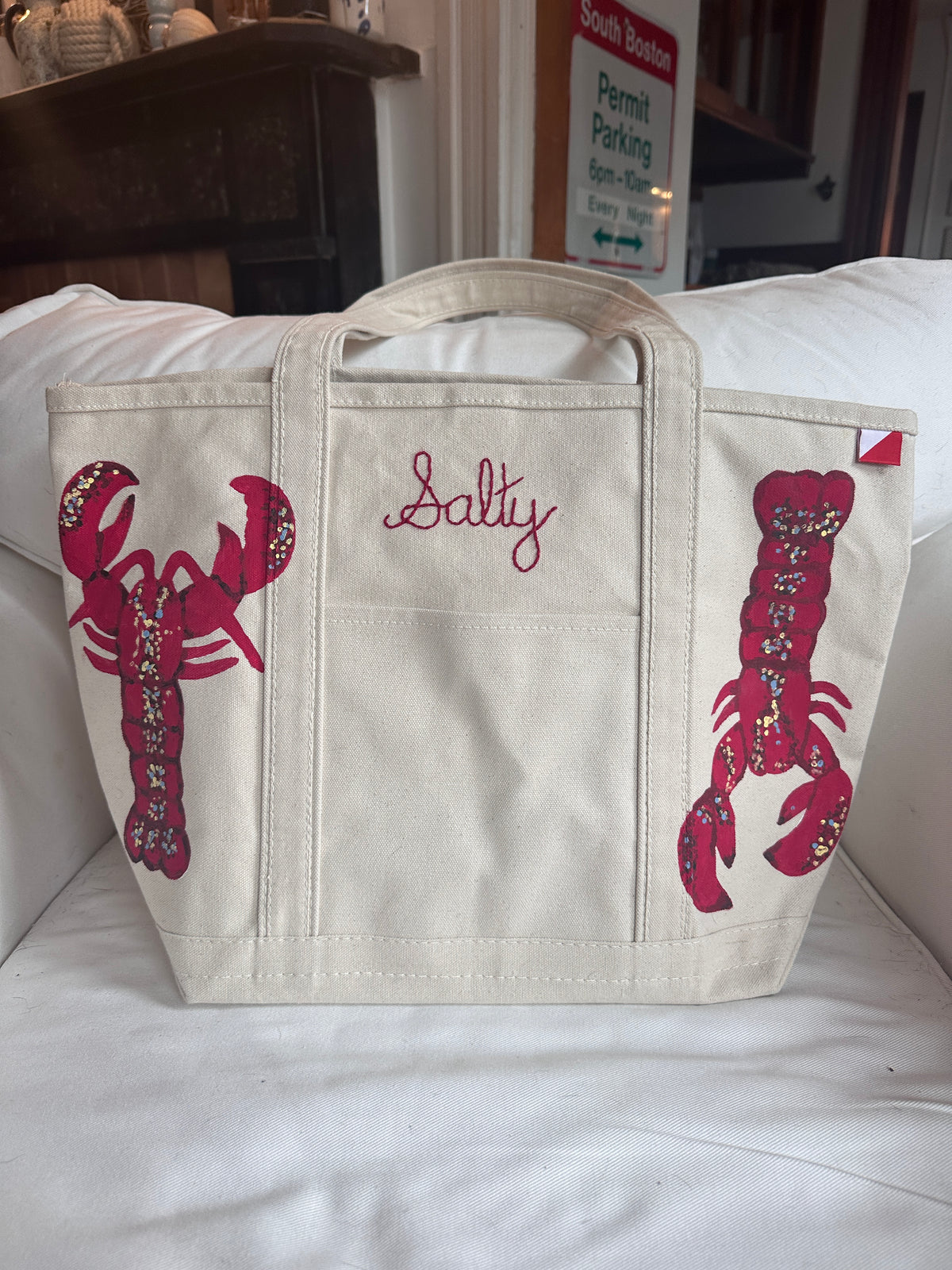 Salty Lobster | Hand-Painted & Hand-Embroidered Tote Bag