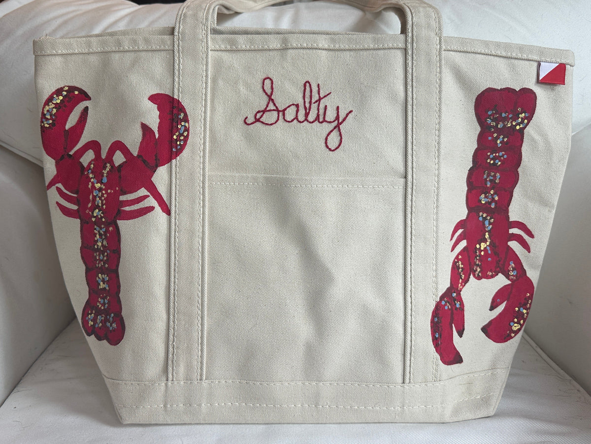 Salty Lobster | Hand-Painted & Hand-Embroidered Tote Bag