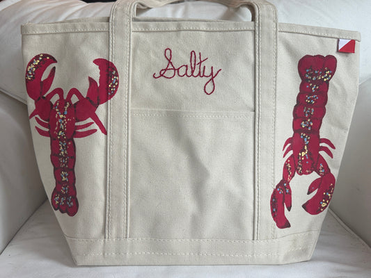 Salty Lobster | Hand-Painted & Hand-Embroidered Tote Bag