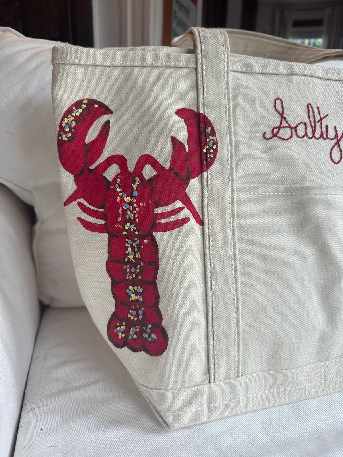 Salty Lobster | Hand-Painted & Hand-Embroidered Tote Bag