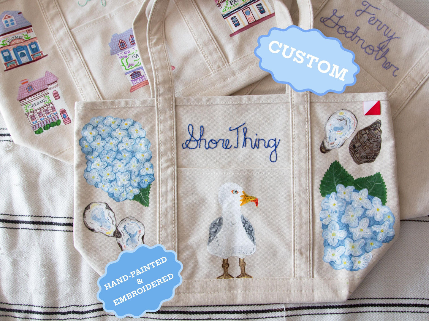 Personalized Custom Hand Painted Embroidered Canvas Tote Bag | Custom Boat Tote Bag | Gift for Wedding | Personalized Gift for Bride