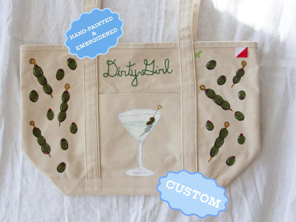 Dirty Girl Olive Martini | Hand-Painted Hand-Embroidered Coastal Canvas Tote Bag | Olives Beach Bag Boat Tote | Hand-Painted Tote Bag