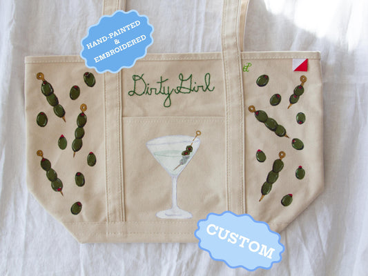 Dirty Girl Olive Martini | Hand-Painted Hand-Embroidered Coastal Canvas Tote Bag | Olives Beach Bag Boat Tote | Hand-Painted Tote Bag