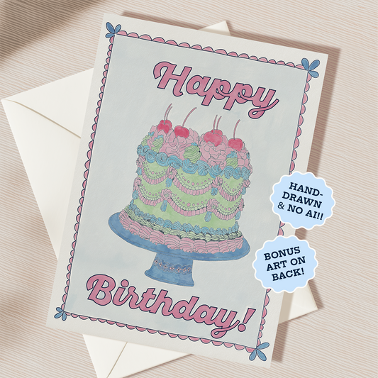 Happy Birthday Vintage Cake Card | Blank Inside