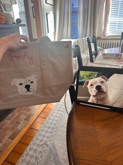 Hand-Painted Custom Pet Portrait Canvas Tote Bag | Personalized Dog Art | Custom Pet Memorial | Embroidered Boat Tote