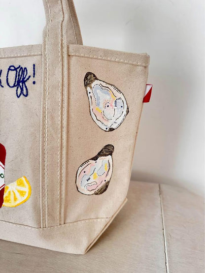 Hand-Painted "Shuck Off" Coastal Canvas Embroidered Tote Bag