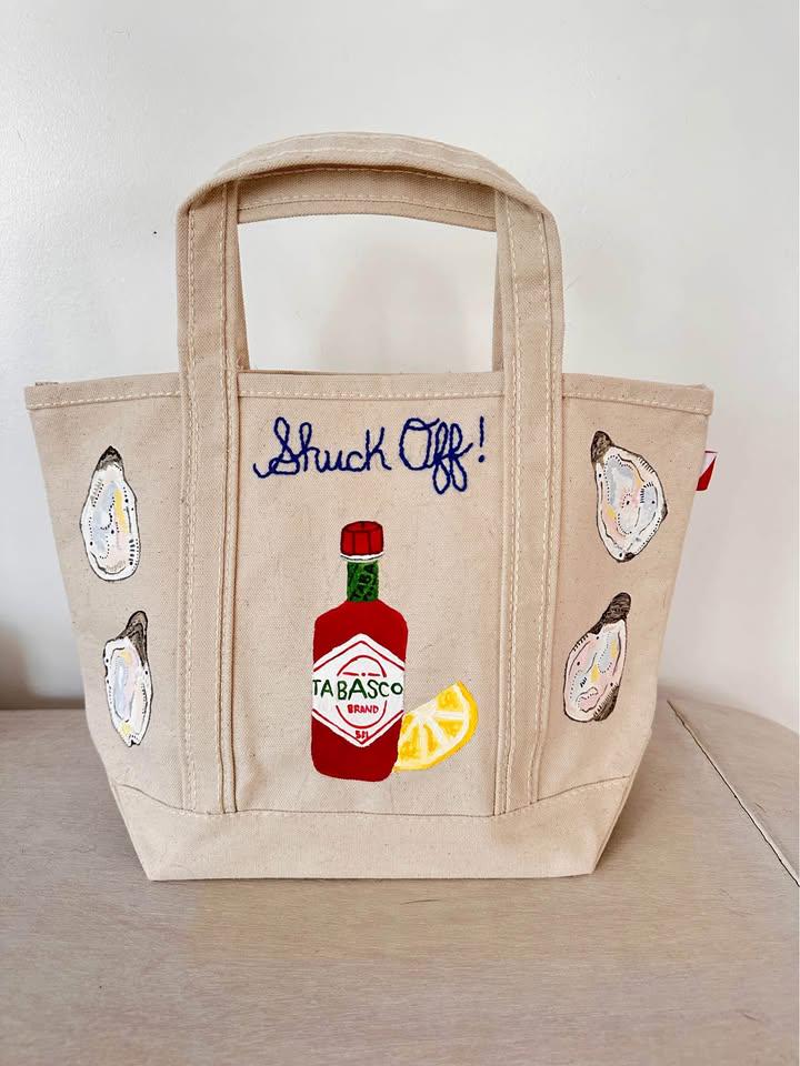 Hand-Painted "Shuck Off" Coastal Canvas Embroidered Tote Bag