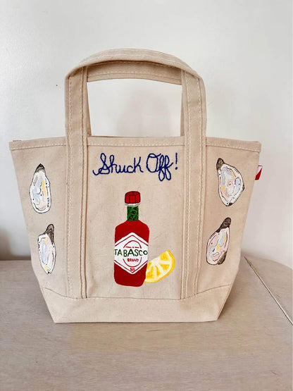 Hand-Painted "Shuck Off" Coastal Canvas Embroidered Tote Bag