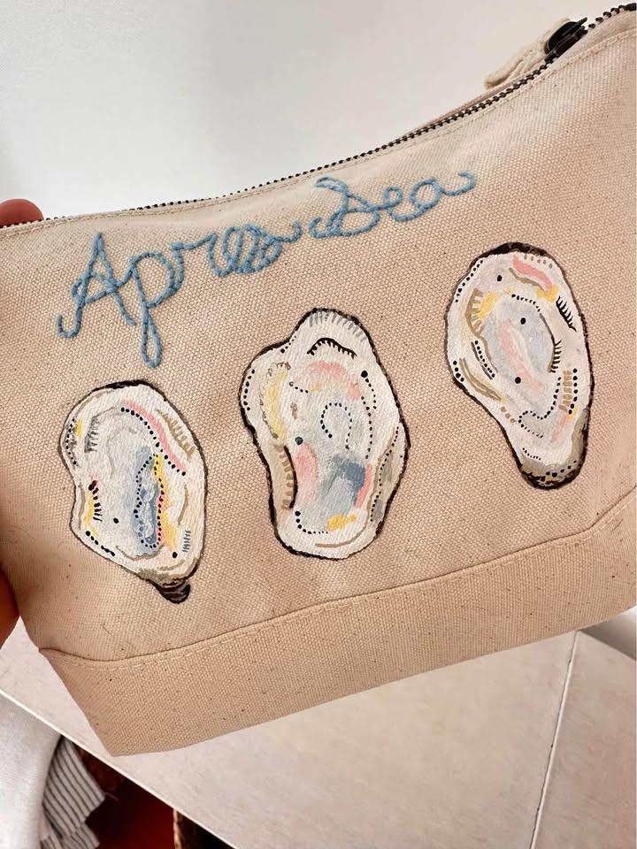 Hand-Painted Apres Sea Oyster Canvas Embroidered Tote Bag Pouch