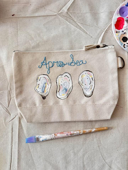 Hand-Painted Apres Sea Oyster Canvas Embroidered Tote Bag Pouch