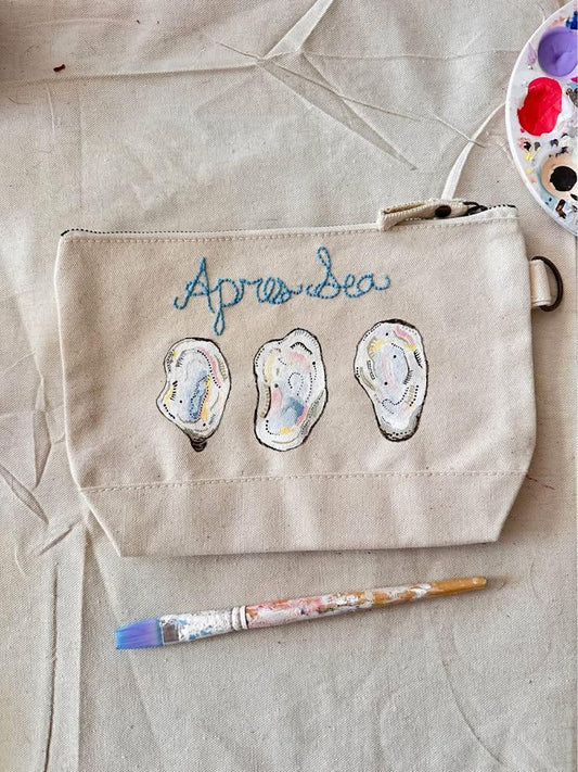 Hand-Painted Apres Sea Oyster Canvas Embroidered Tote Bag Pouch