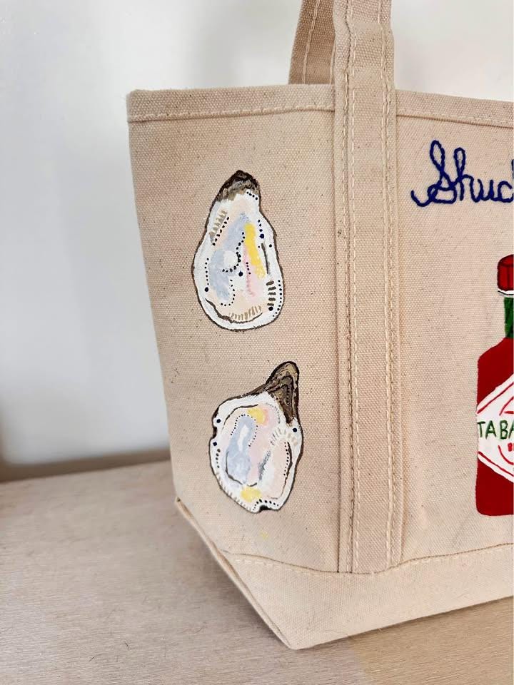 Hand-Painted "Shuck Off" Coastal Canvas Embroidered Tote Bag