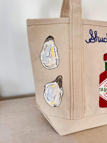 Hand-Painted "Shuck Off" Coastal Canvas Embroidered Tote Bag