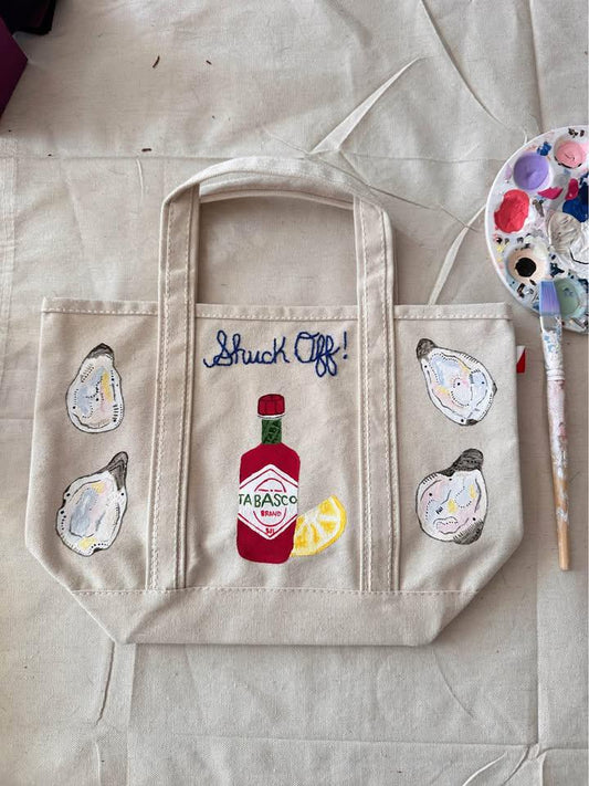 Hand-Painted "Shuck Off" Coastal Canvas Embroidered Tote Bag