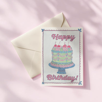 Happy Birthday Greeting Card | 5.5x6.5 Inch | Blank Inside Greeting Card | Vintage Cake Card | Birthday Card