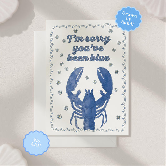 Blue Lobster Sympathy Greeting Card | 5.5x6.5 Inch | Blank Inside Greeting Card | Lobster Card | Whimsical Nautical Sorry Card