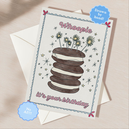 Hand Drawn Happy Birthday Greeting Card | 5.5x6.5 Inch | Blank Inside Greeting Card | Whoopie Pie Birthday | Whimsical Birthday Card