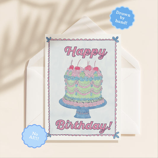 Hand Drawn Happy Birthday Greeting Card | 5.5x6.5 Inch | Blank Inside Greeting Card | Vintage Cake Card | Birthday Card