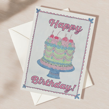 Happy Birthday Greeting Card | 5.5x6.5 Inch | Blank Inside Greeting Card | Vintage Cake Card | Birthday Card