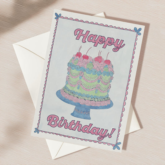 Happy Birthday Greeting Card | 5.5x6.5 Inch | Blank Inside Greeting Card | Vintage Cake Card | Birthday Card