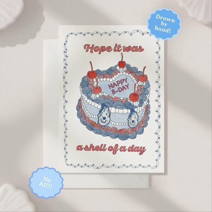 Hand Drawn Belated Happy Birthday Card | 5.5x6.5 Inch | Blank Inside Greeting Card | Vintage Cake Card | Late Birthday Card