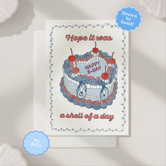 Hand Drawn Belated Happy Birthday Card | 5.5x6.5 Inch | Blank Inside Greeting Card | Vintage Cake Card | Late Birthday Card
