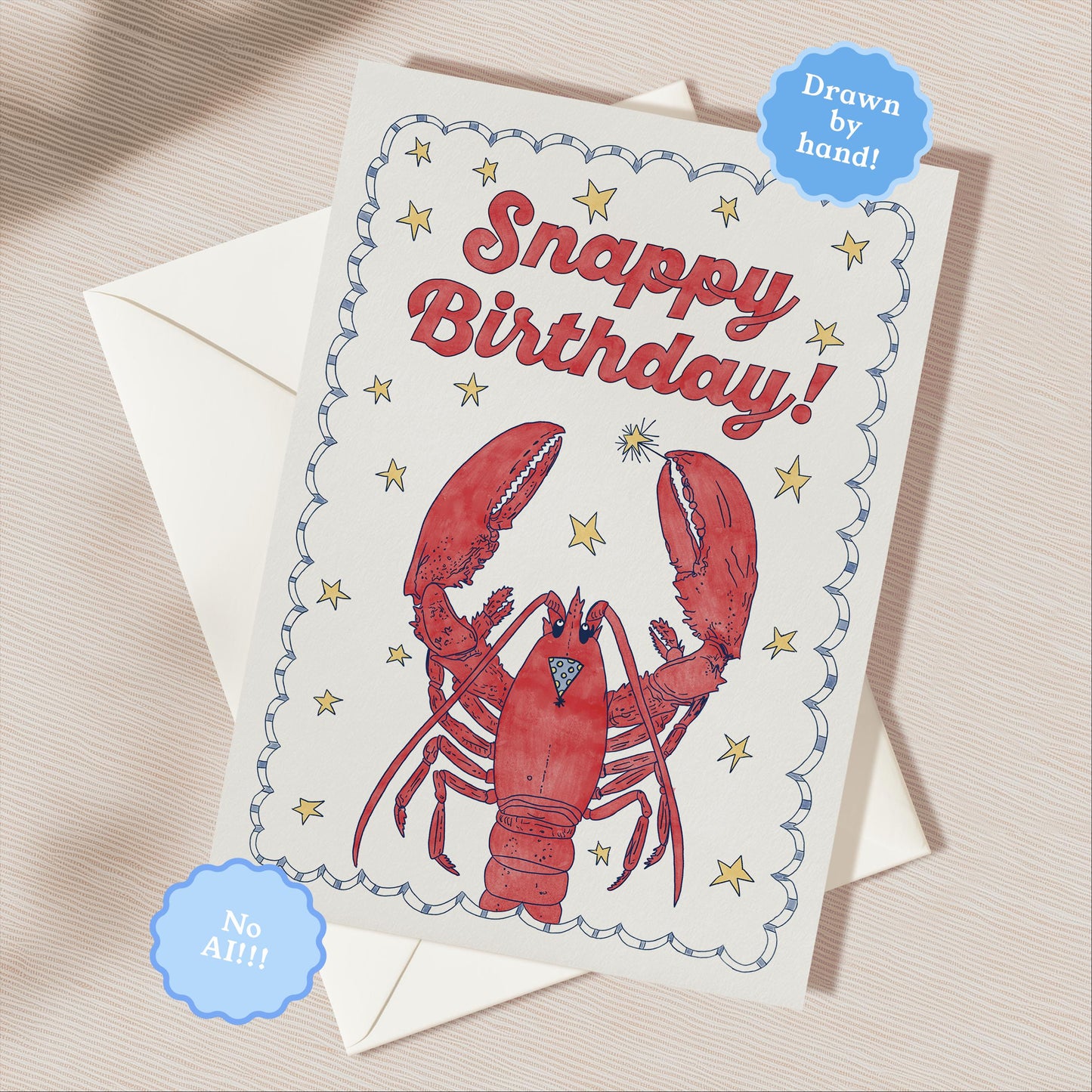 Hand Drawn Happy Birthday Greeting Card | 5.5x6.5 Inch | Blank Inside Greeting Card | Lobster Card | Whimsical Nautical Birthday Card