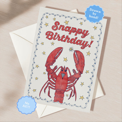 Hand Drawn Happy Birthday Greeting Card | 5.5x6.5 Inch | Blank Inside Greeting Card | Lobster Card | Whimsical Nautical Birthday Card