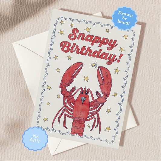 Hand Drawn Happy Birthday Greeting Card | 5.5x6.5 Inch | Blank Inside Greeting Card | Lobster Card | Whimsical Nautical Birthday Card