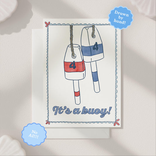 Hand Drawn It's A Buoy New Baby Greeting Card | 5.5x6.5 Inch | Blank Inside Greeting Card | Nautical Stationary | Baby Shower Card