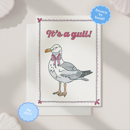 Hand Drawn It's A Gull New Baby Greeting Card | 5.5x6.5 Inch | Blank Inside Greeting Card | Nautical Stationary | Baby Shower Card